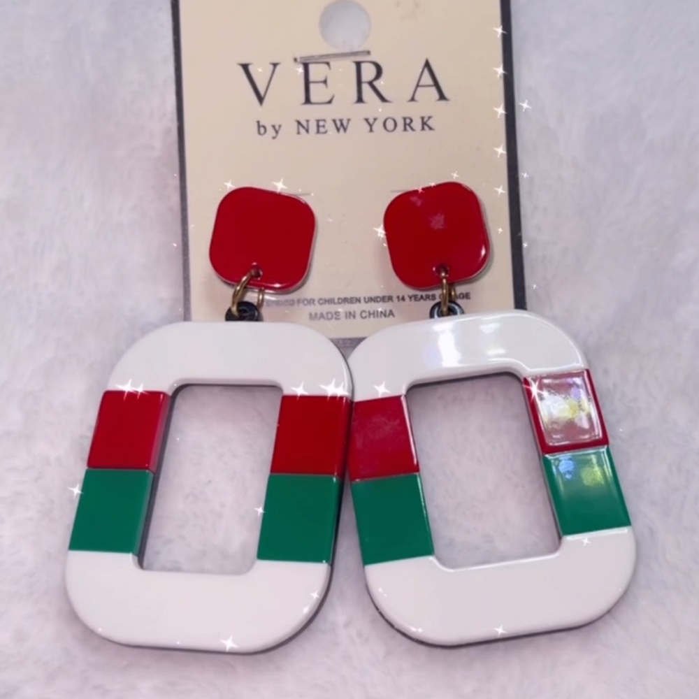 White, Red & Green Geometric Drop Earrings